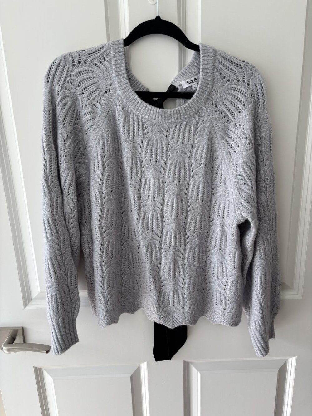 525 Gray Pointelle Knit Sweater with Black Satin Bow Tie Back, Size M